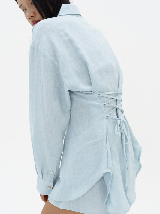 Tieback Linen Shirt in Iced Blue