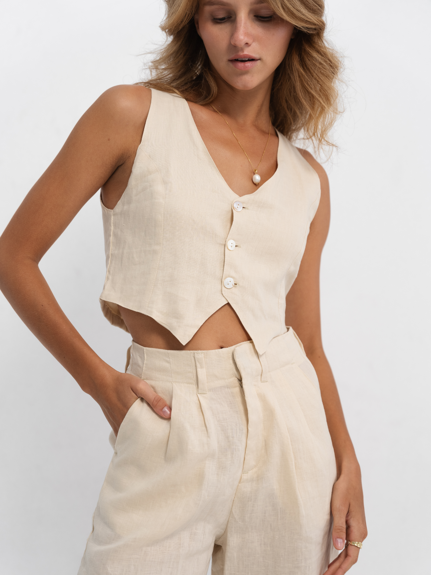 Linen Zipper Pants in Cream
