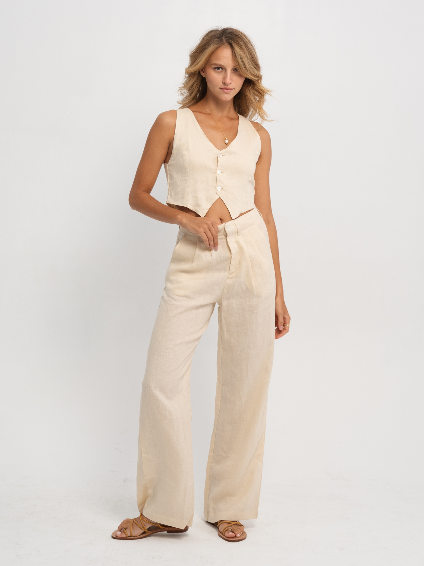 Linen Zipper Pants in Cream
