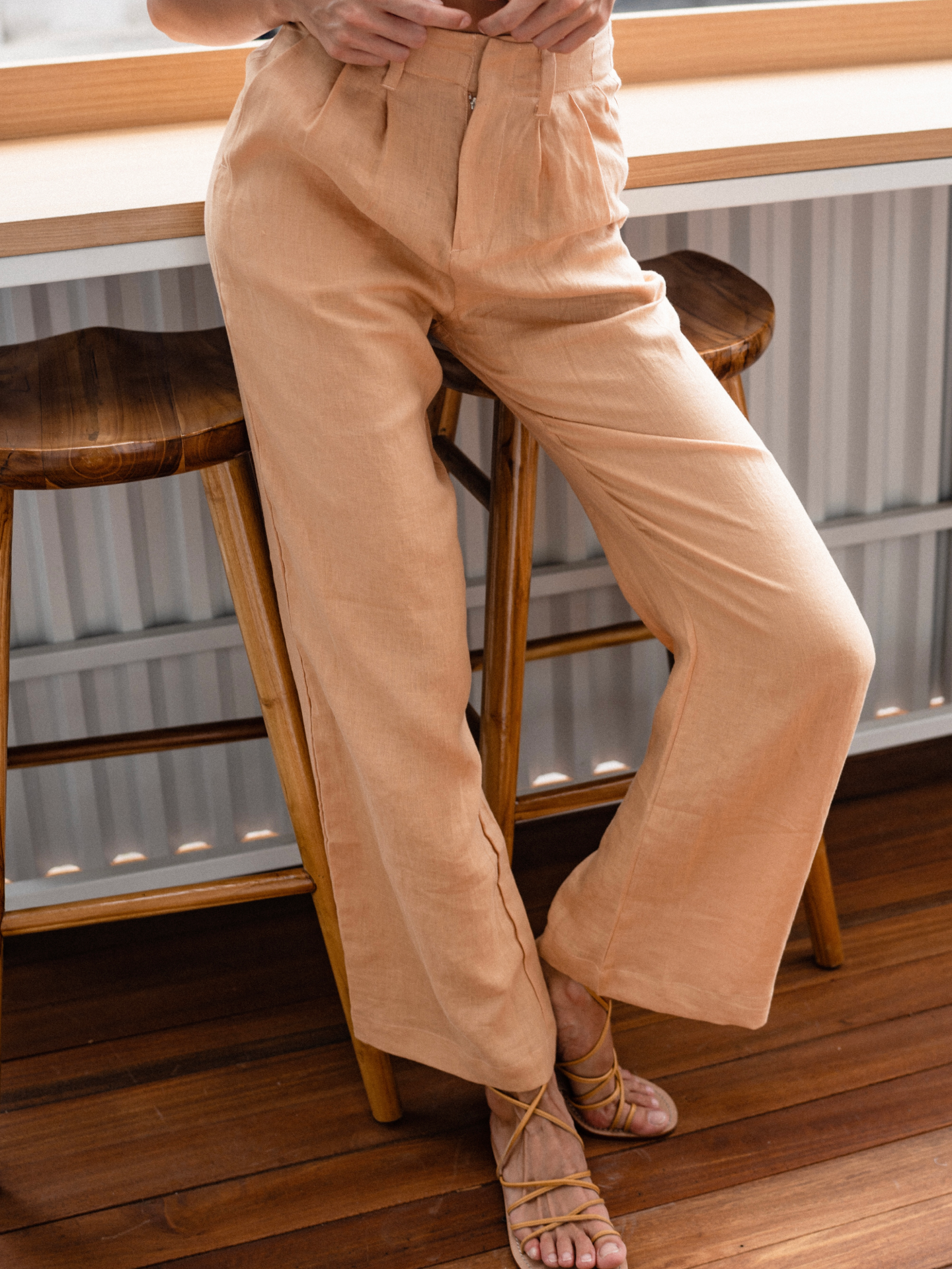 Linen Zipper Pants in Peach