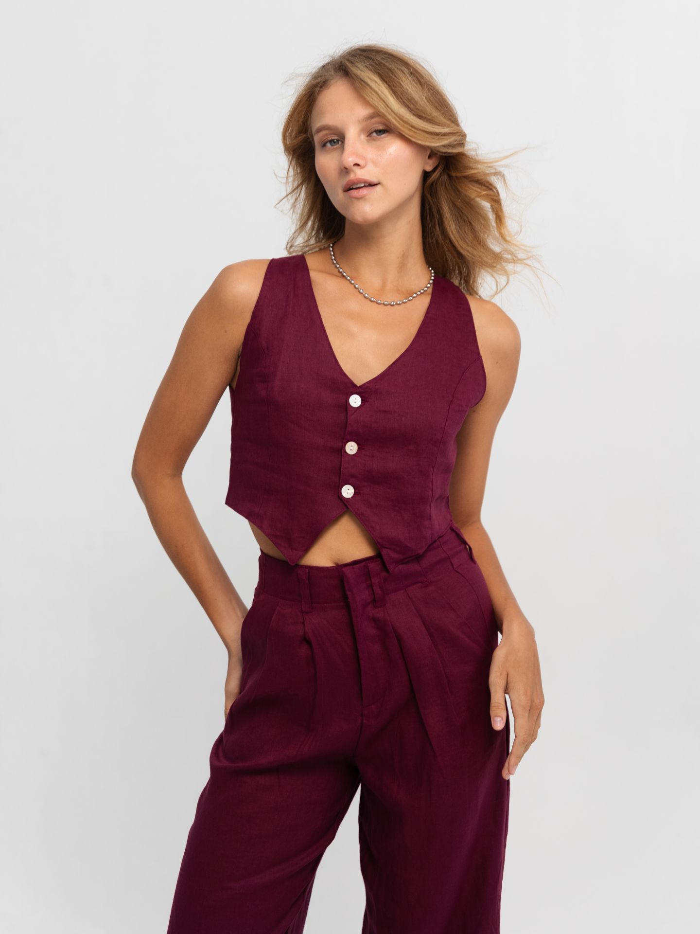 Linen Zipper Pants in Berry