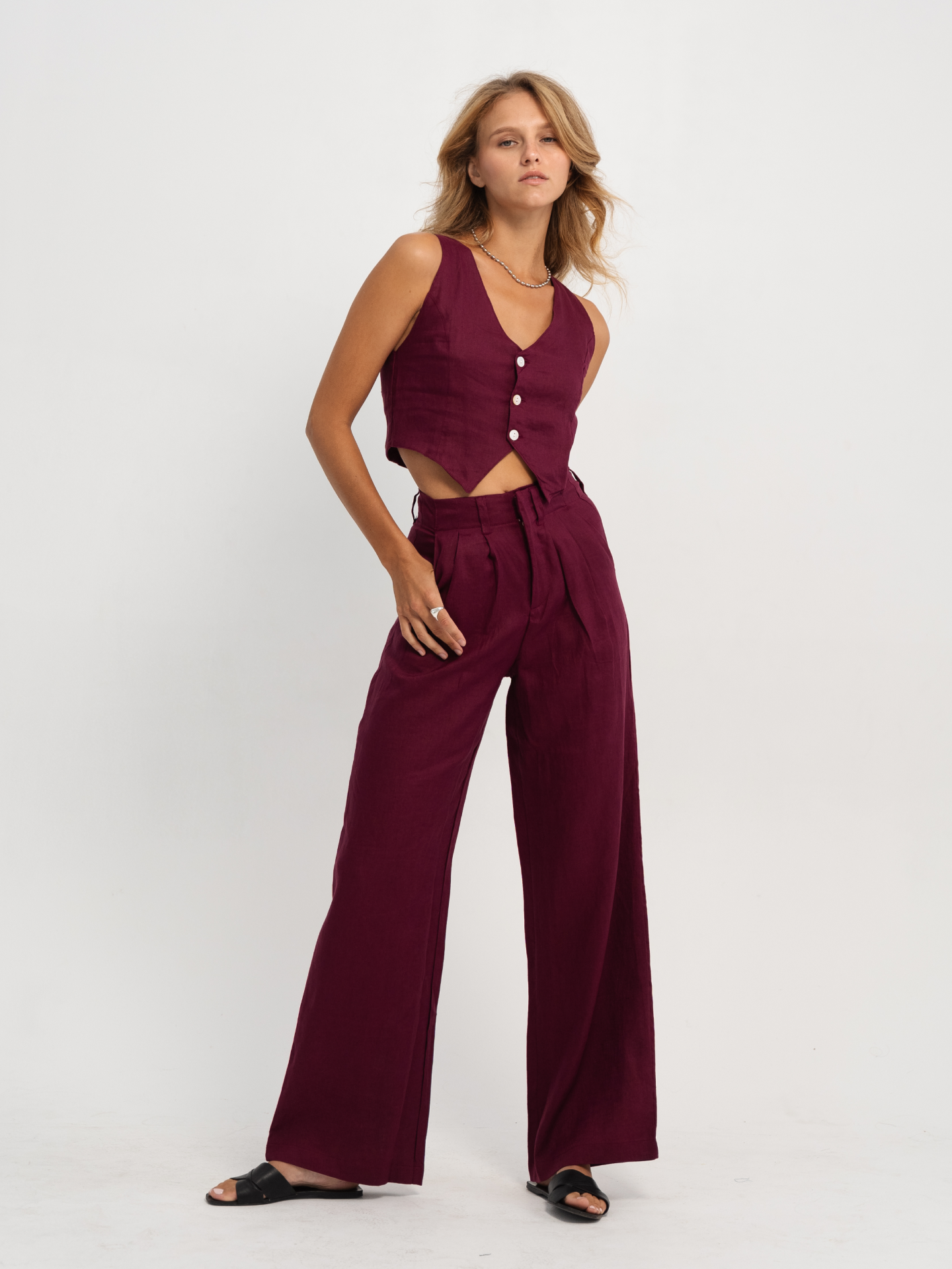 Linen Zipper Pants in Berry