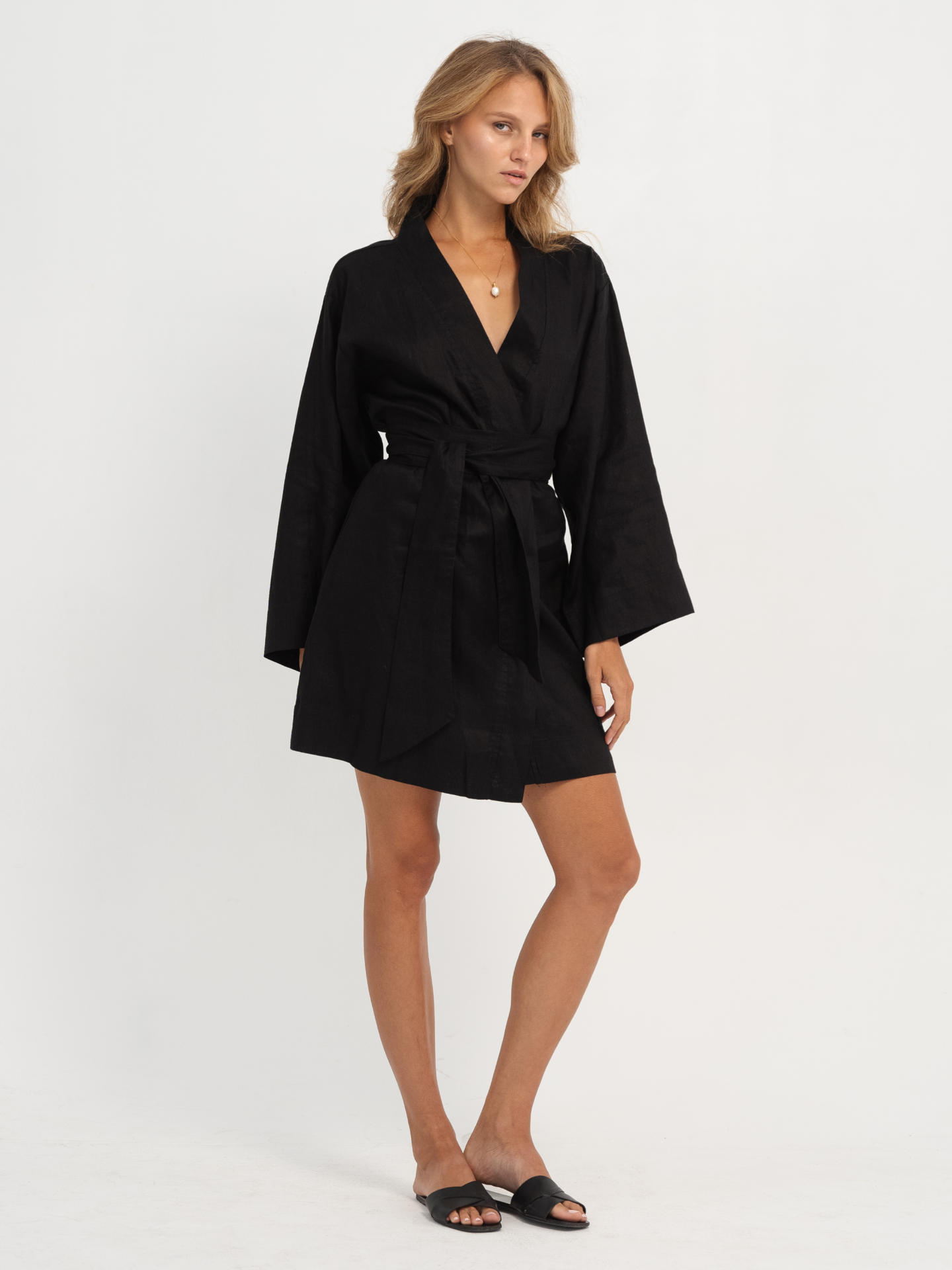 Linen Kimono Long Sleeve in Black