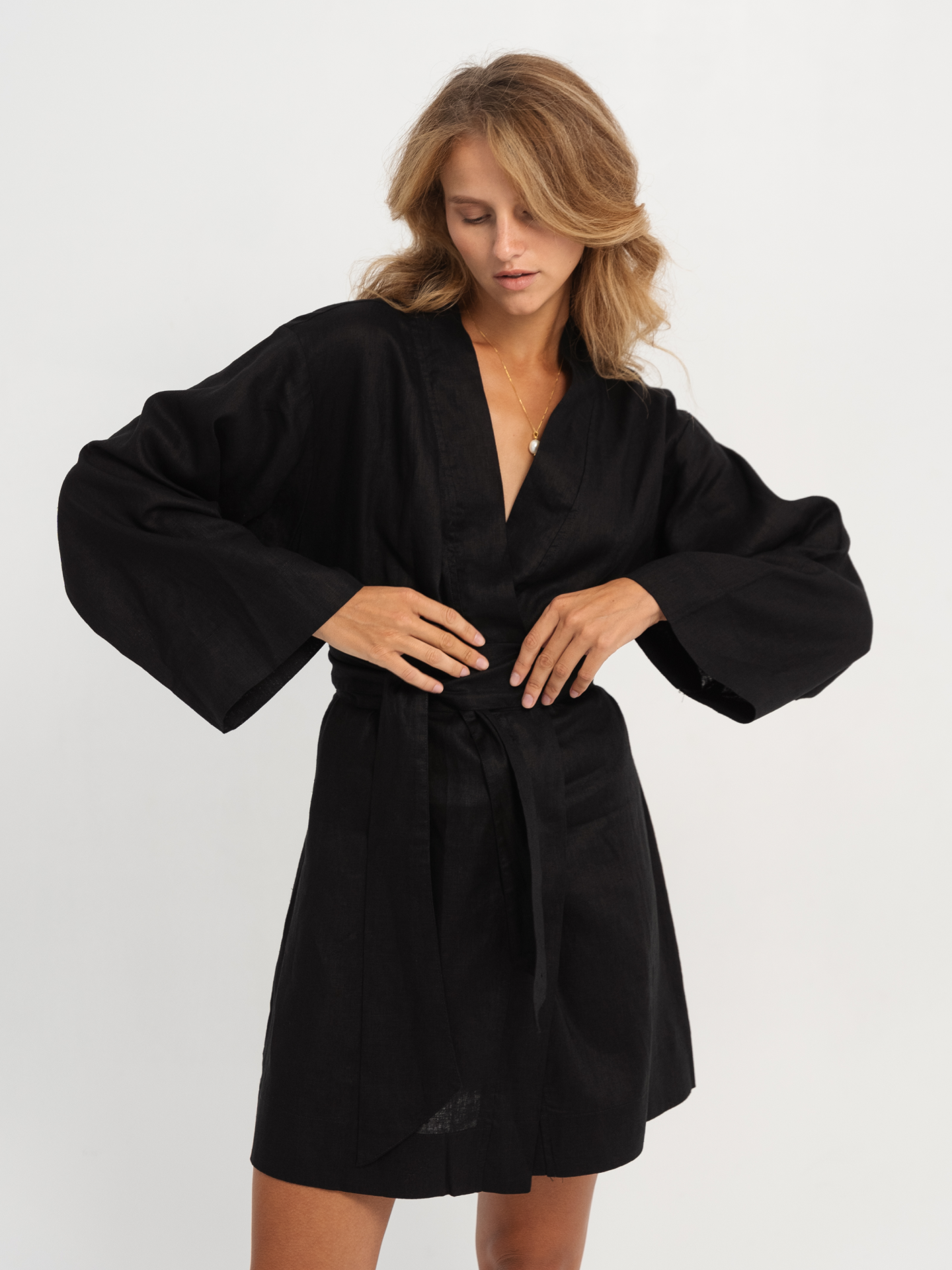 Linen Kimono Long Sleeve in Black