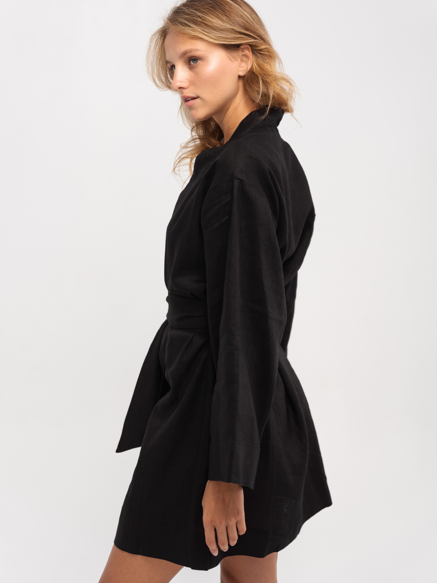 Linen Kimono Long Sleeve in Black