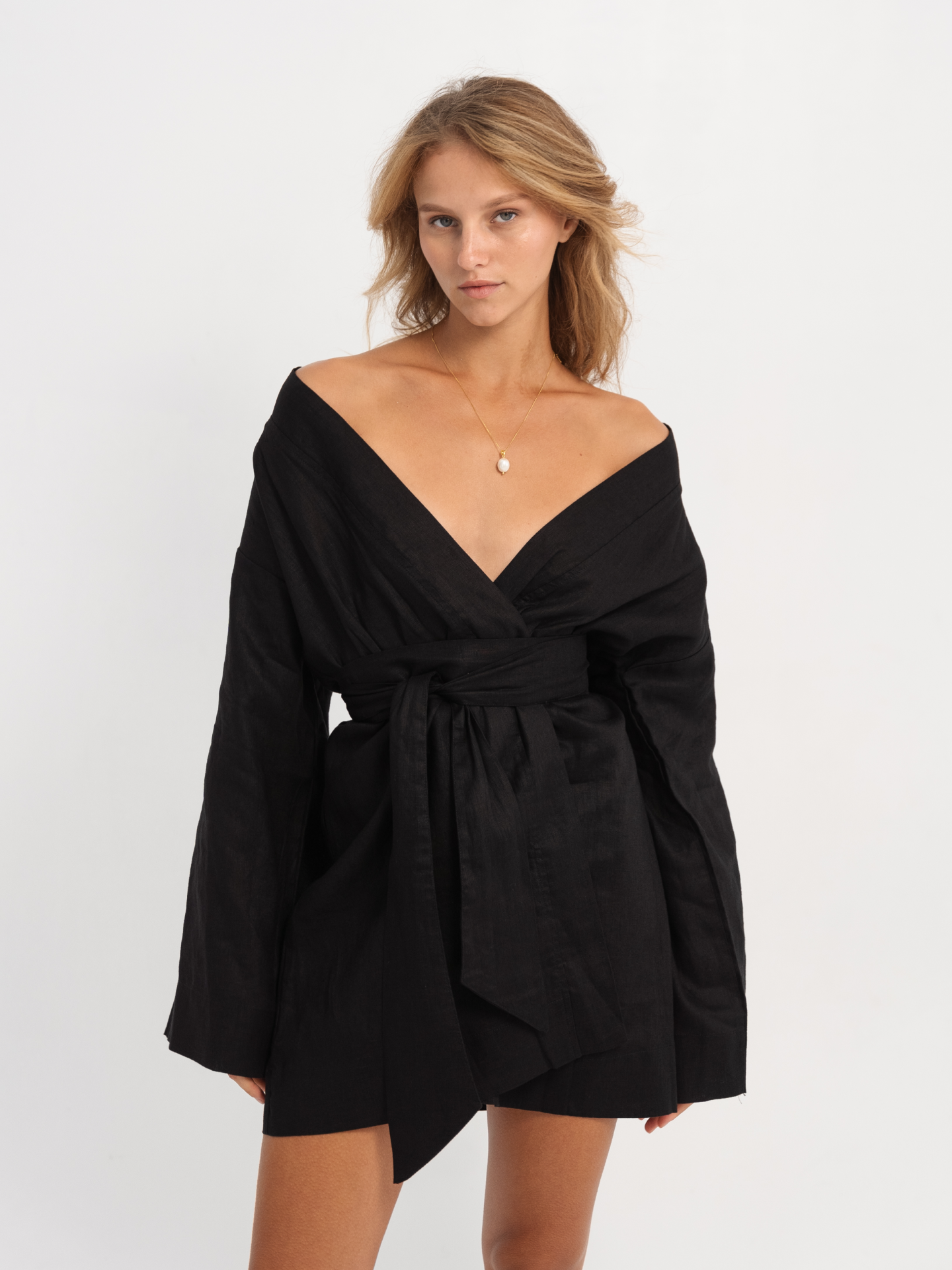 Linen Kimono Long Sleeve in Black