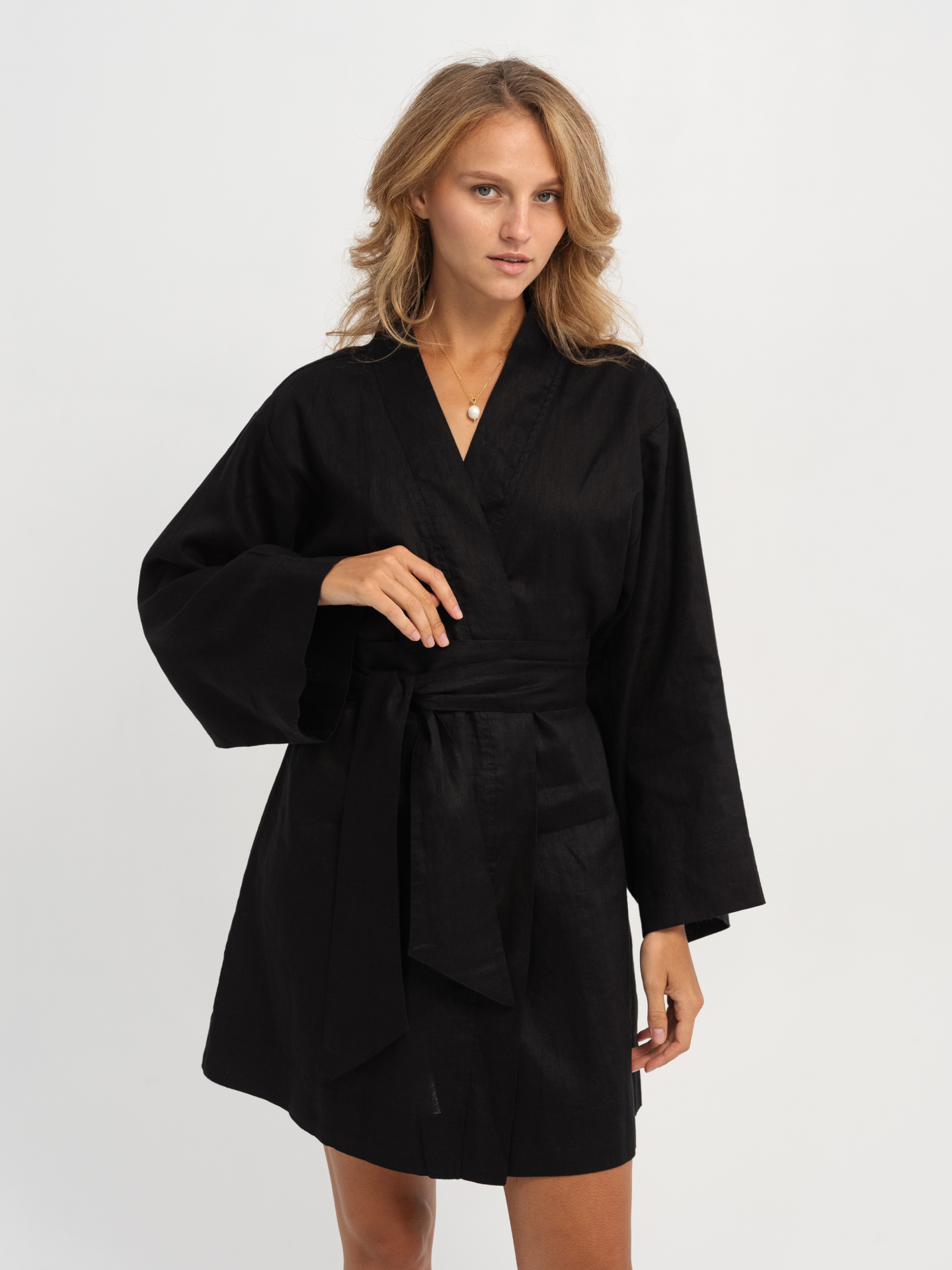 Linen Kimono Long Sleeve in Black