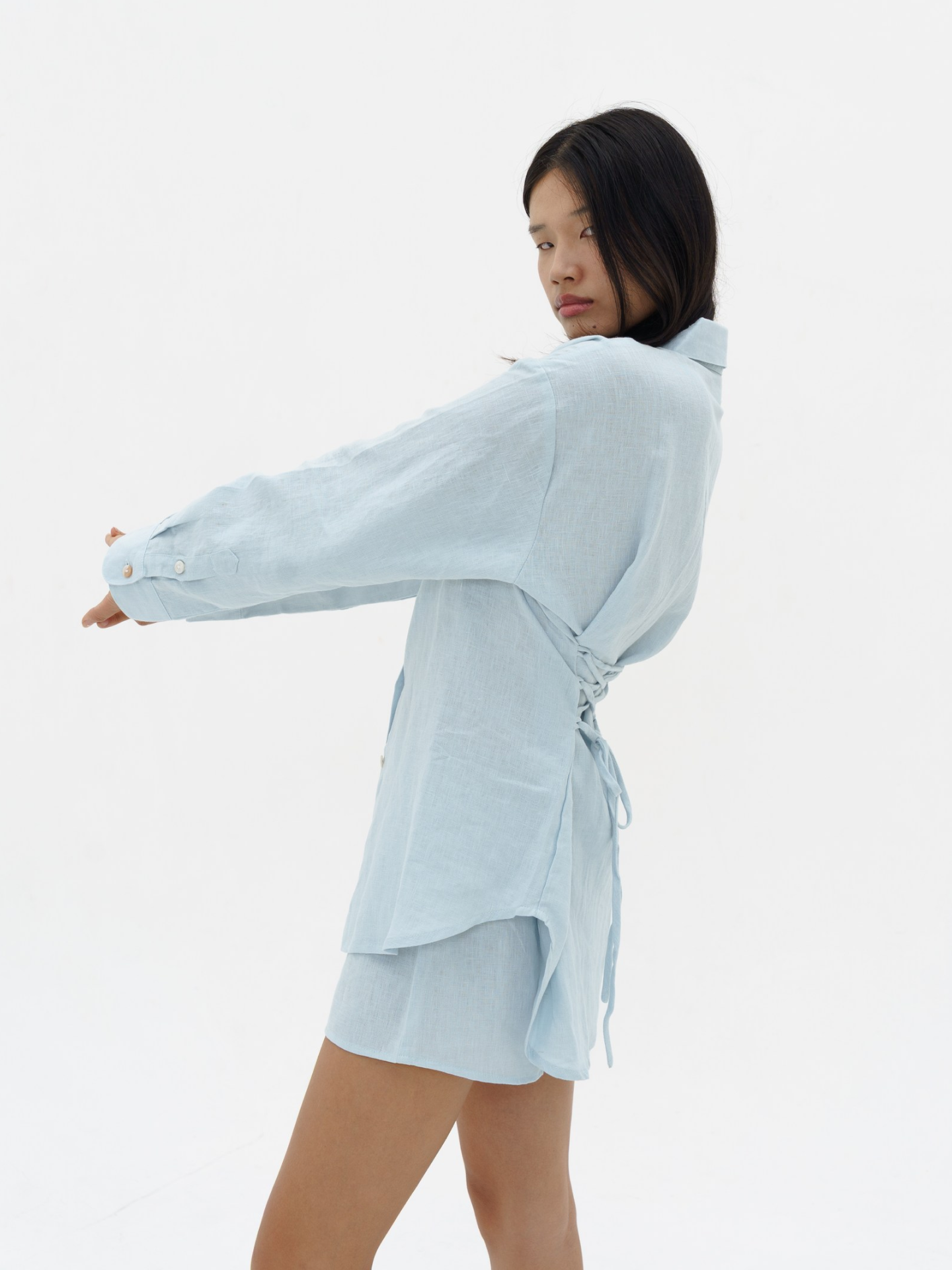 Tieback Linen Shirt in Iced Blue