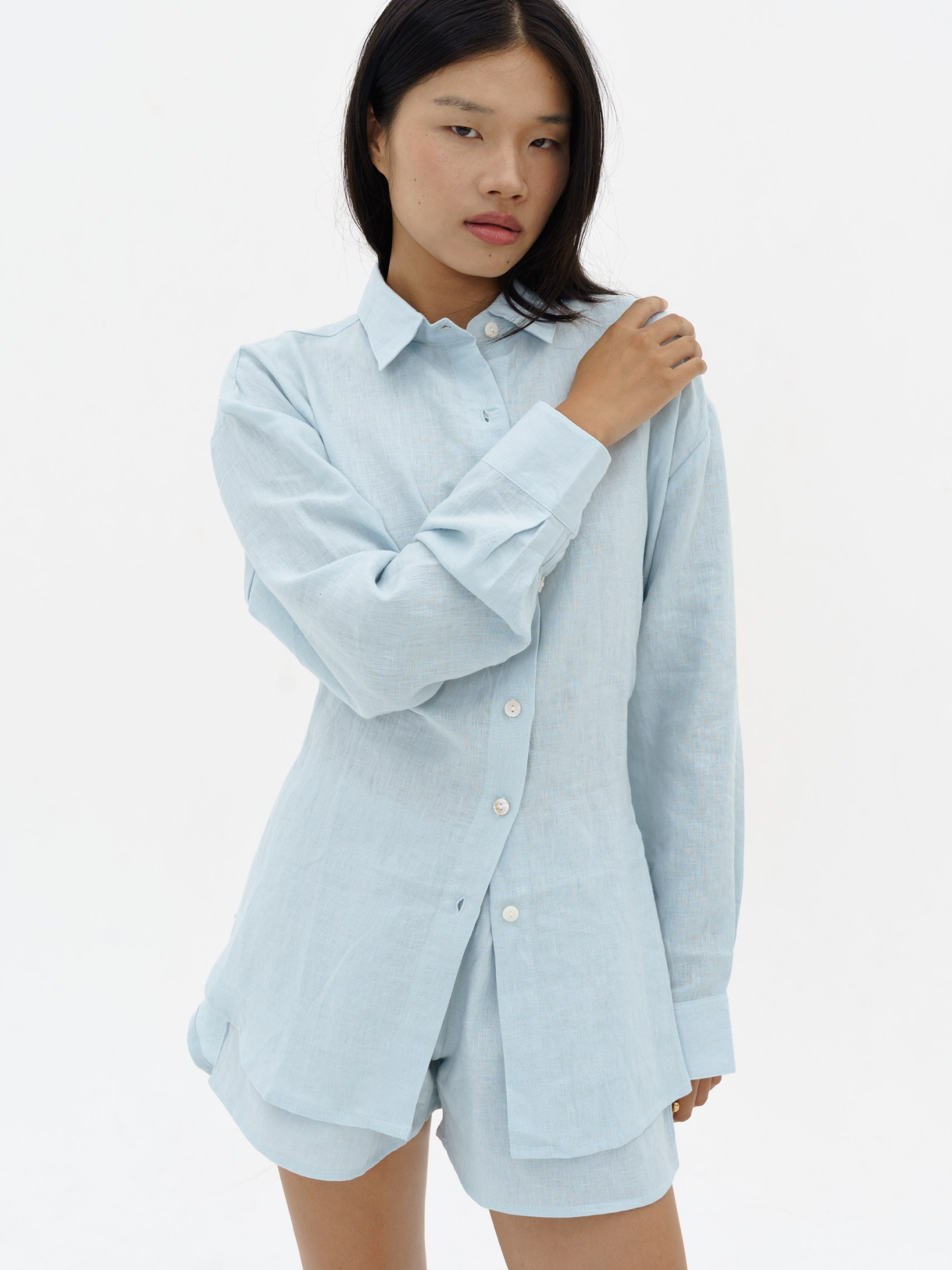 Tieback Linen Shirt in Iced Blue