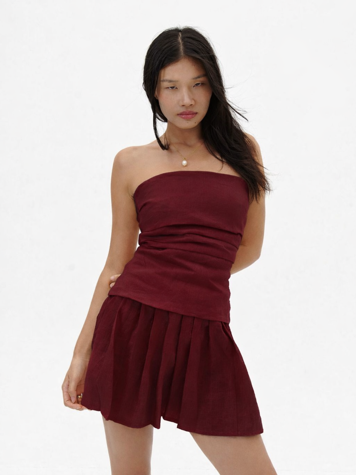 Pleated Linen Skirt in Berry
