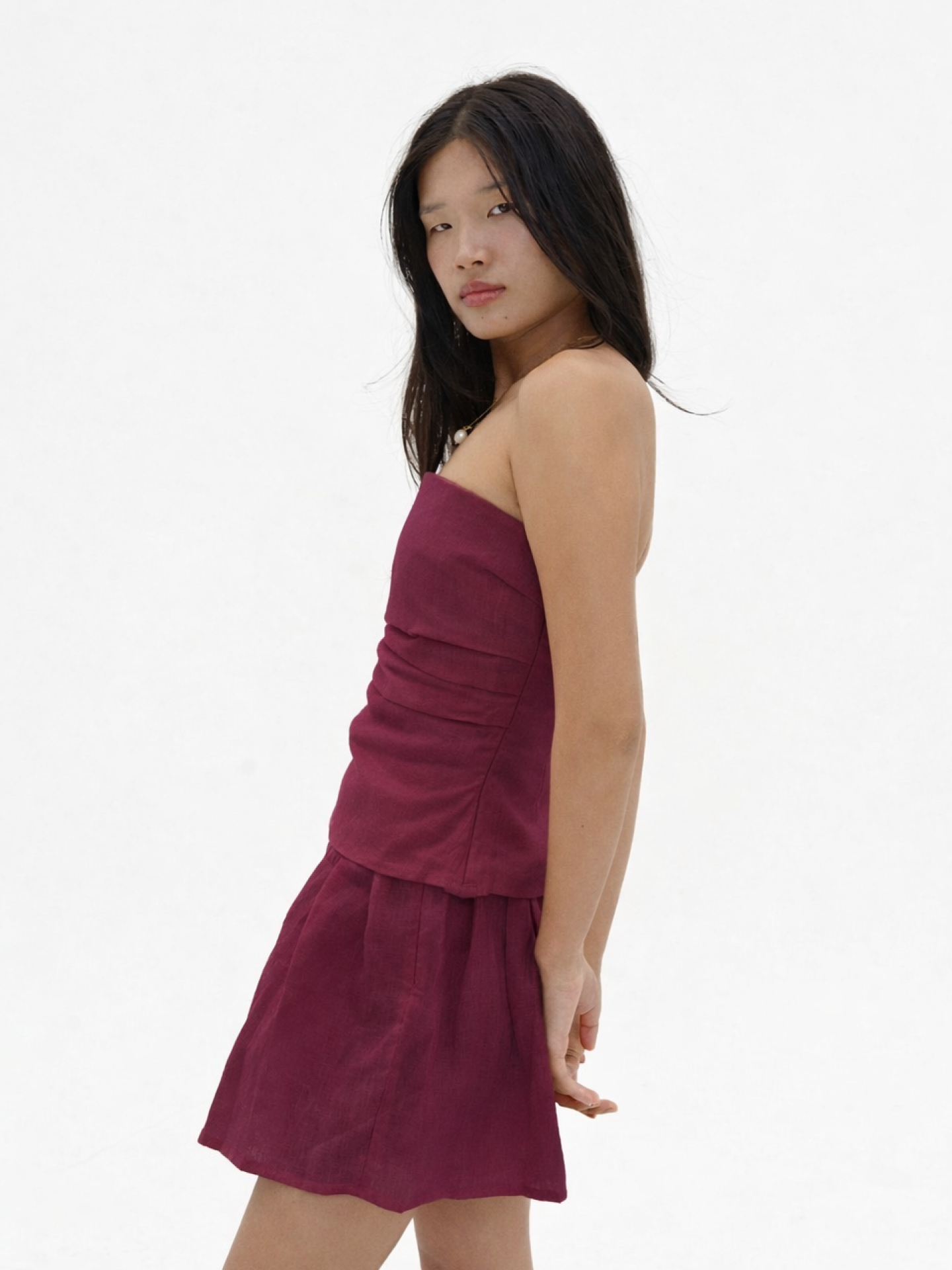 Pleated Linen Skirt in Berry