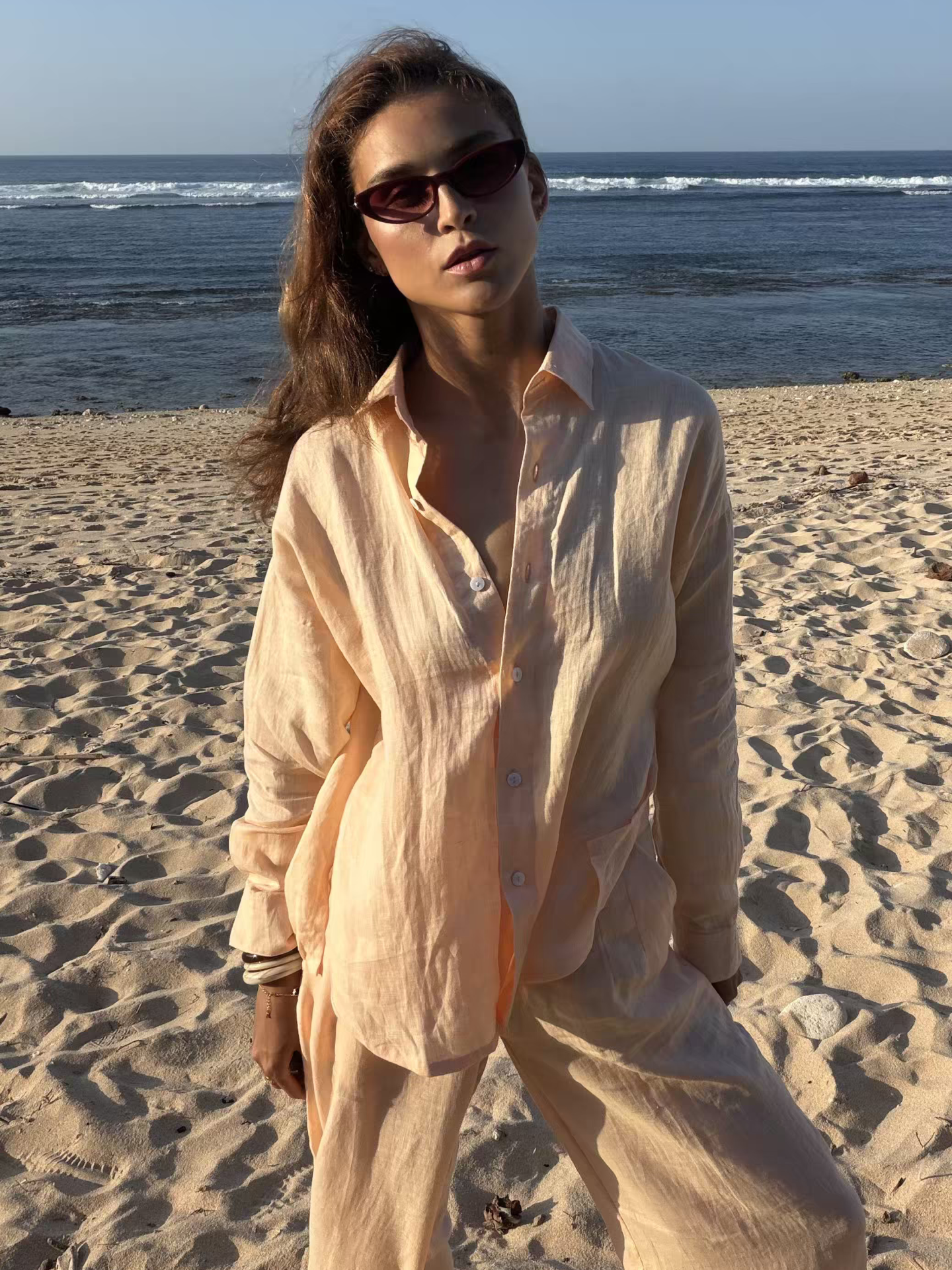 Aura Linen Shirt in Peach