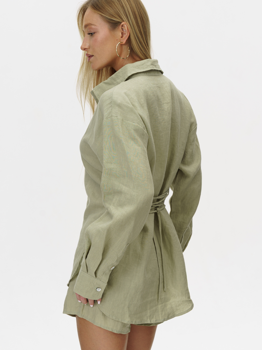 Tieback Linen Shirt in Sage