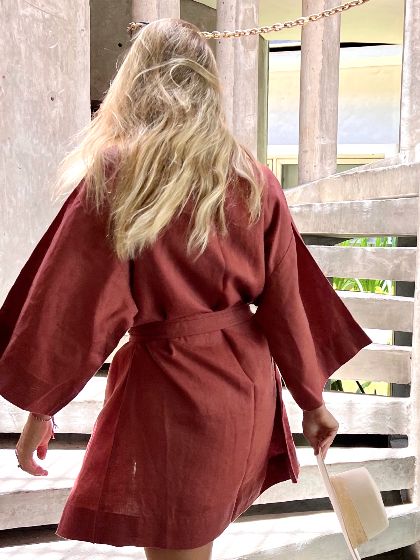 Linen Kimono Short Sleeve in Wine