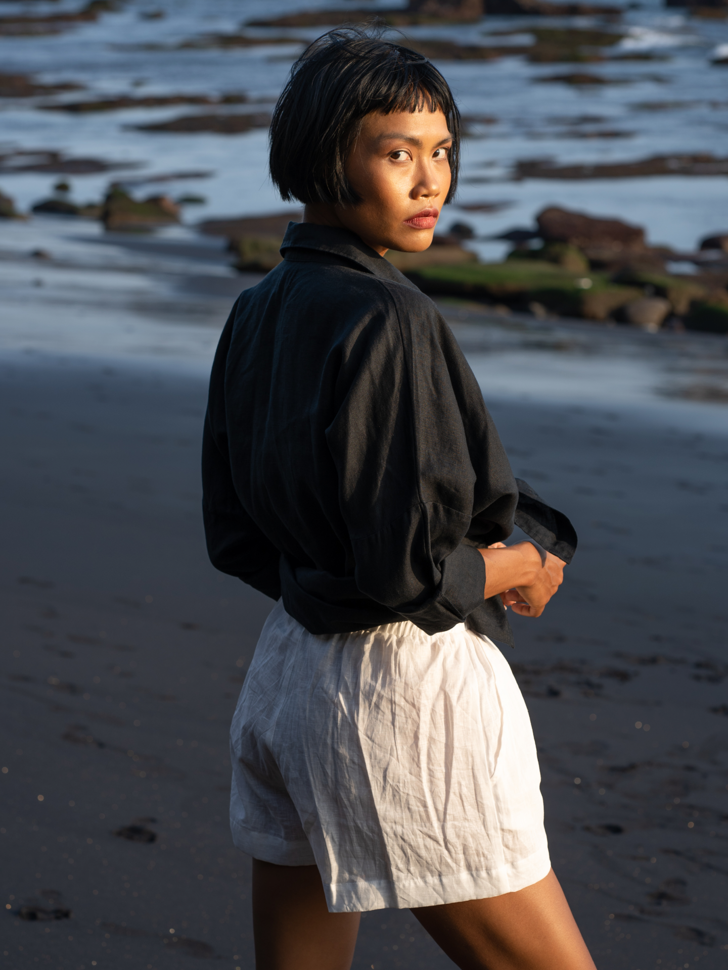 Base Linen Oversized Shirt in Black Sand