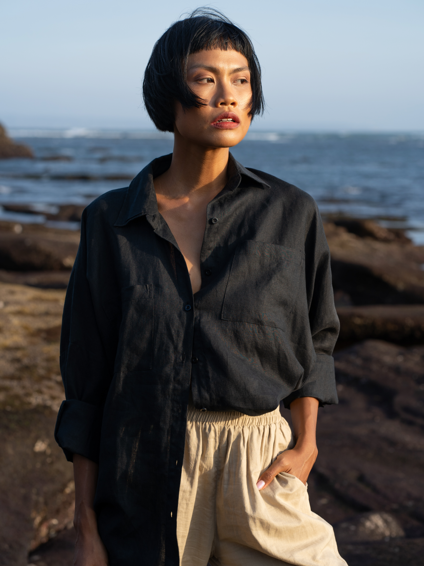 Base Linen Oversized Shirt in Black Sand