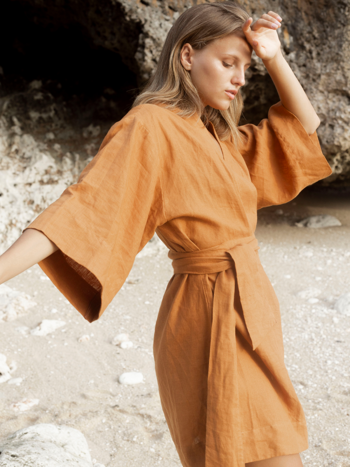 Linen Kimono Short Sleeve in Cinnamon