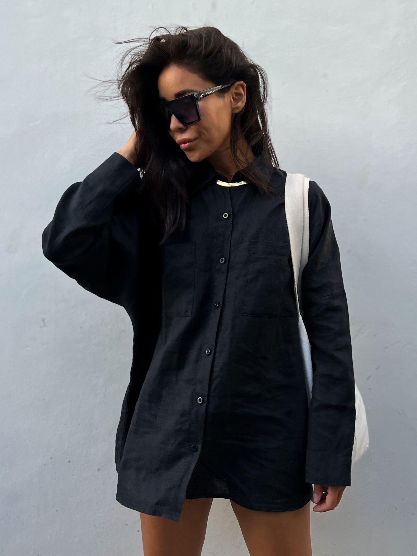 Base Linen Oversized Shirt in Black Sand